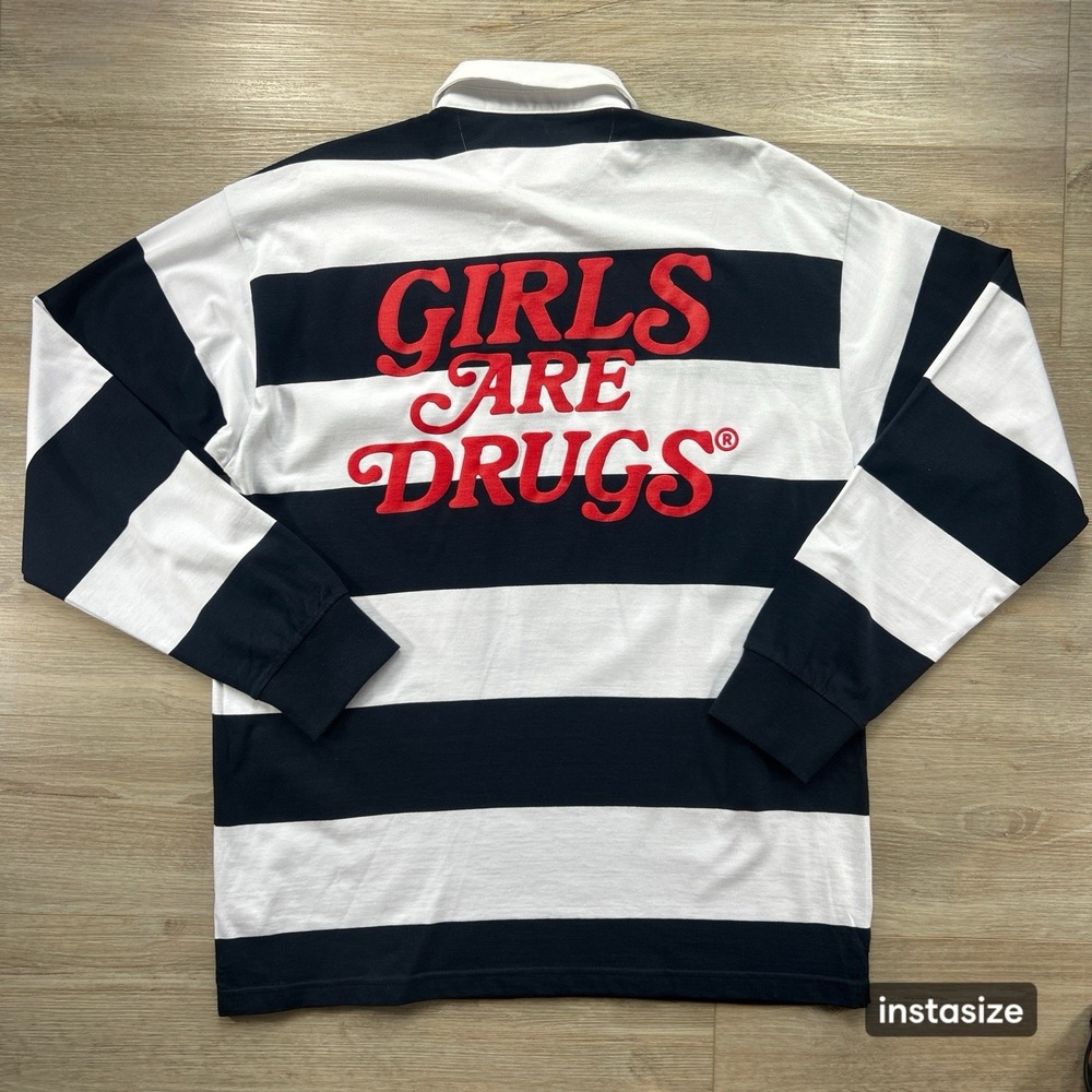 NWOT Girls Are Drugs XL Navy Striped Rugby Polo Funny Casual Party Tee Shirt